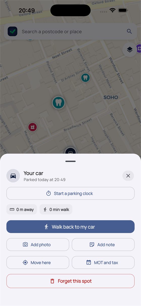 The saved car card showing when you parked, a parking clock button, walking distance back and shortcuts for photo, note and MOT dates.