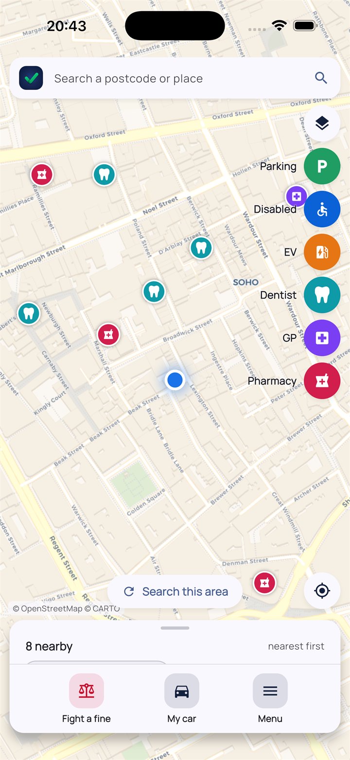 The Sorted UK app open on a live map of Soho in London, with NHS dentist and pharmacy pins, the layer filters down the right and a results panel showing 8 places nearby.